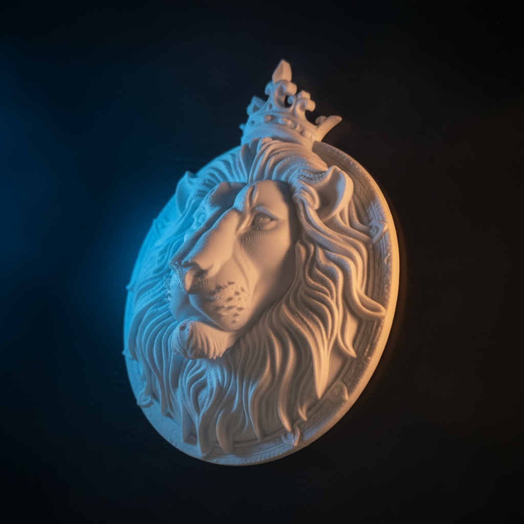 3D printed lion head wall decor with cinematic dramatic lighting