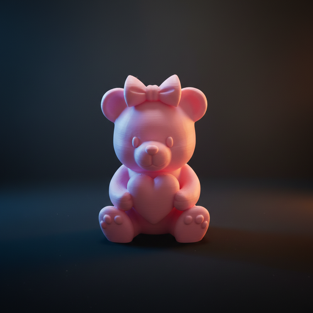3D printed She/Her bear figurine with cinematic dramatic lighting