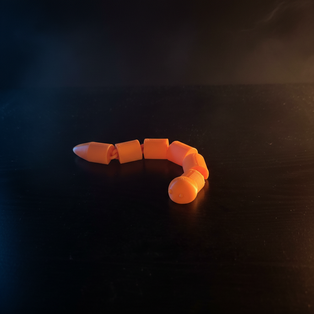 3D printed worm fidget toy with cinematic dramatic lighting