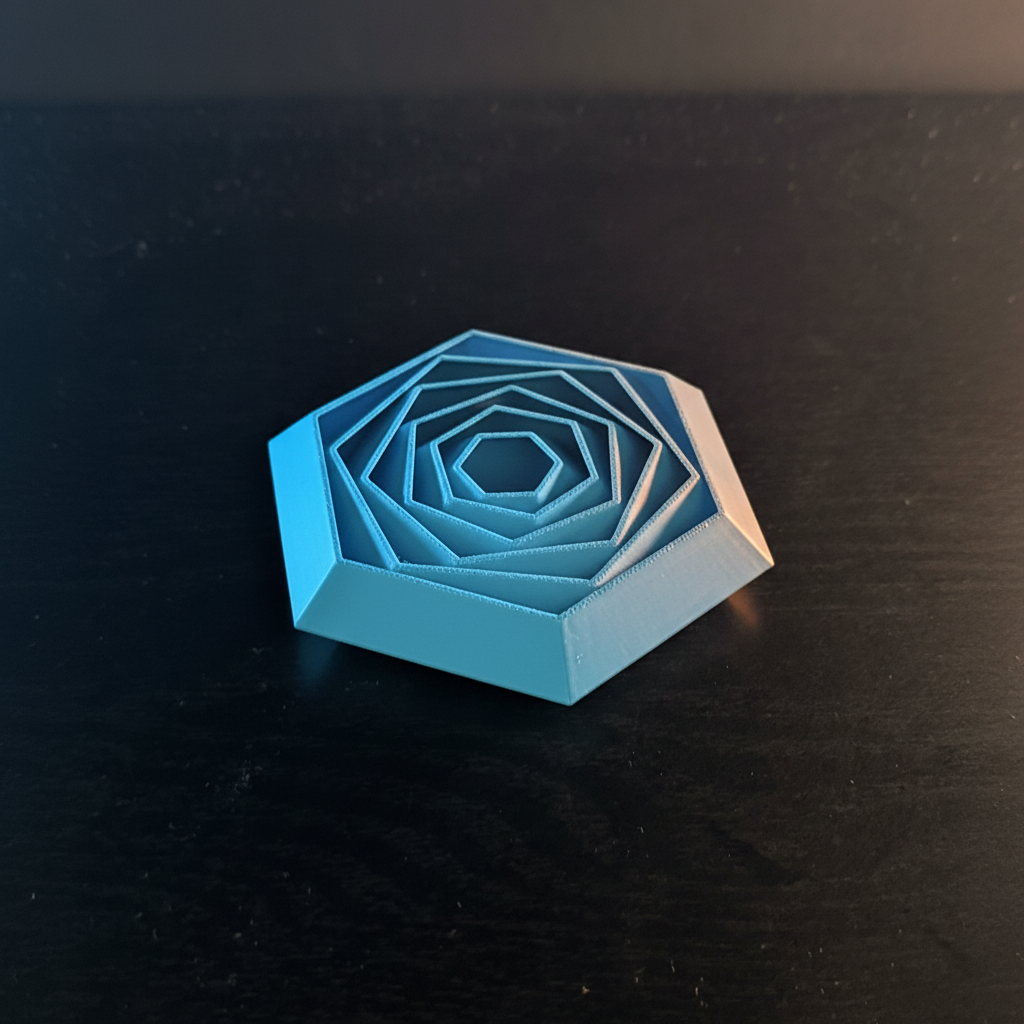 3D printed hexagon fidget toy with cinematic dramatic lighting