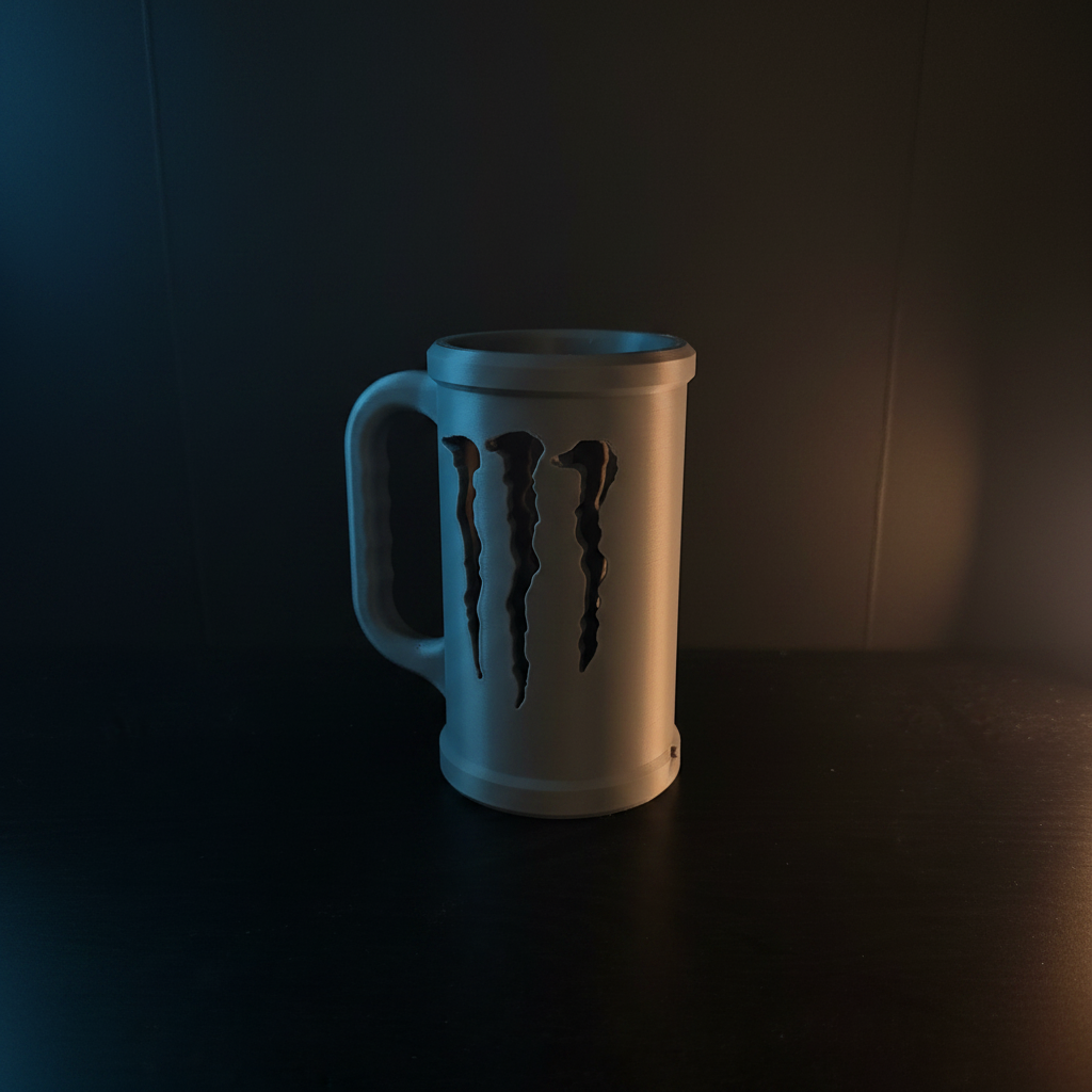 3D printed energy drink can holder with cinematic dramatic lighting