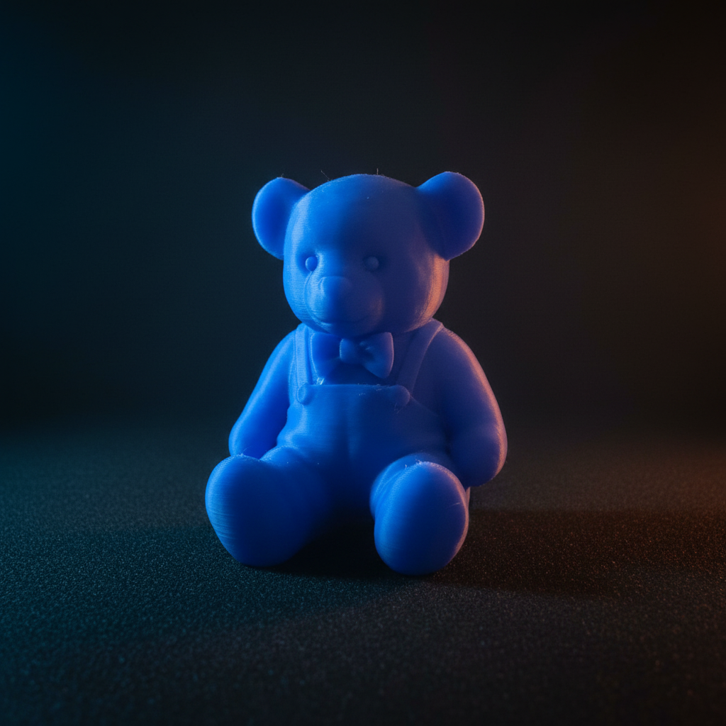 3D printed He/Him bear figurine with cinematic dramatic lighting