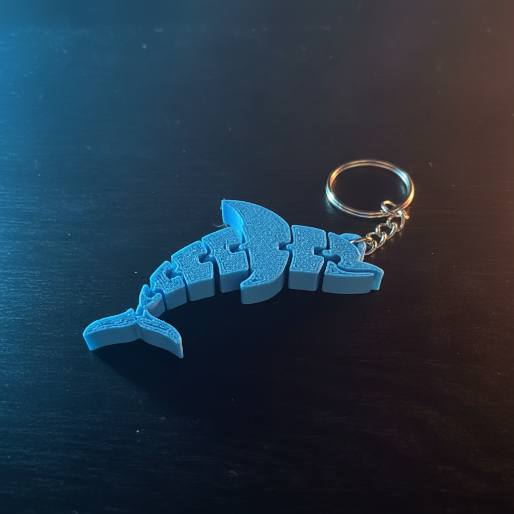 3D printed dolphin fidget keychain with cinematic dramatic lighting