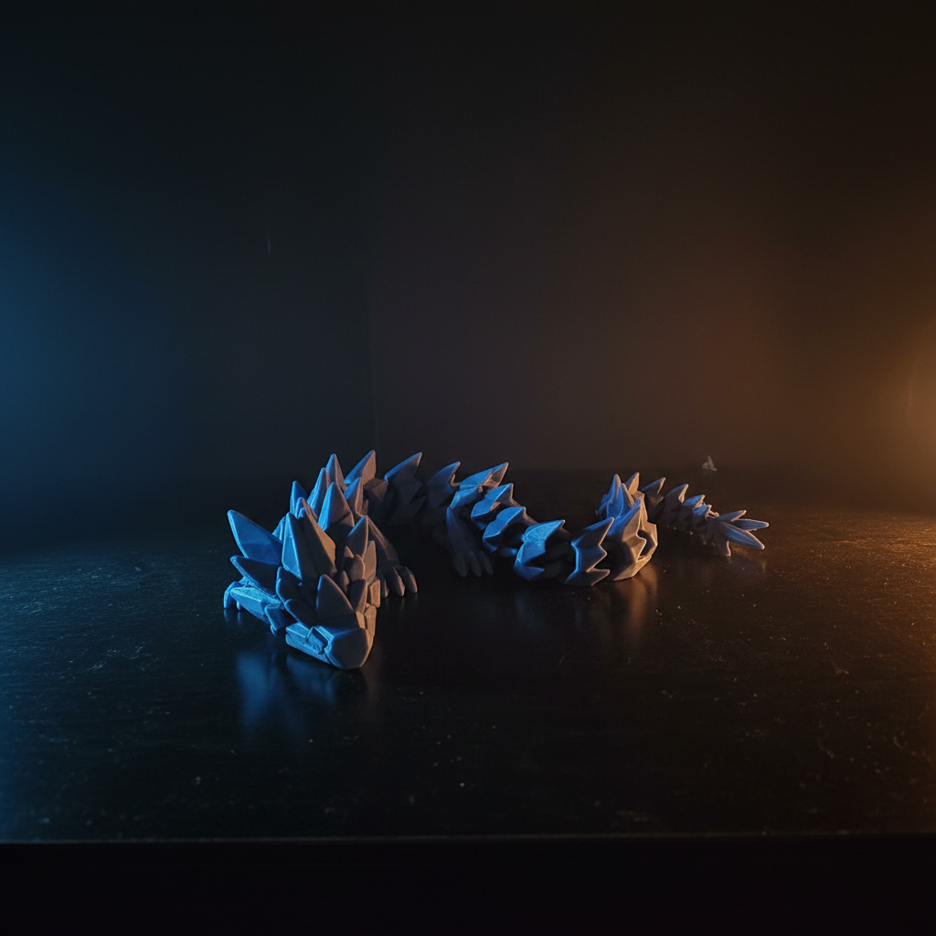3D printed crystal dragon fidget with cinematic dramatic lighting