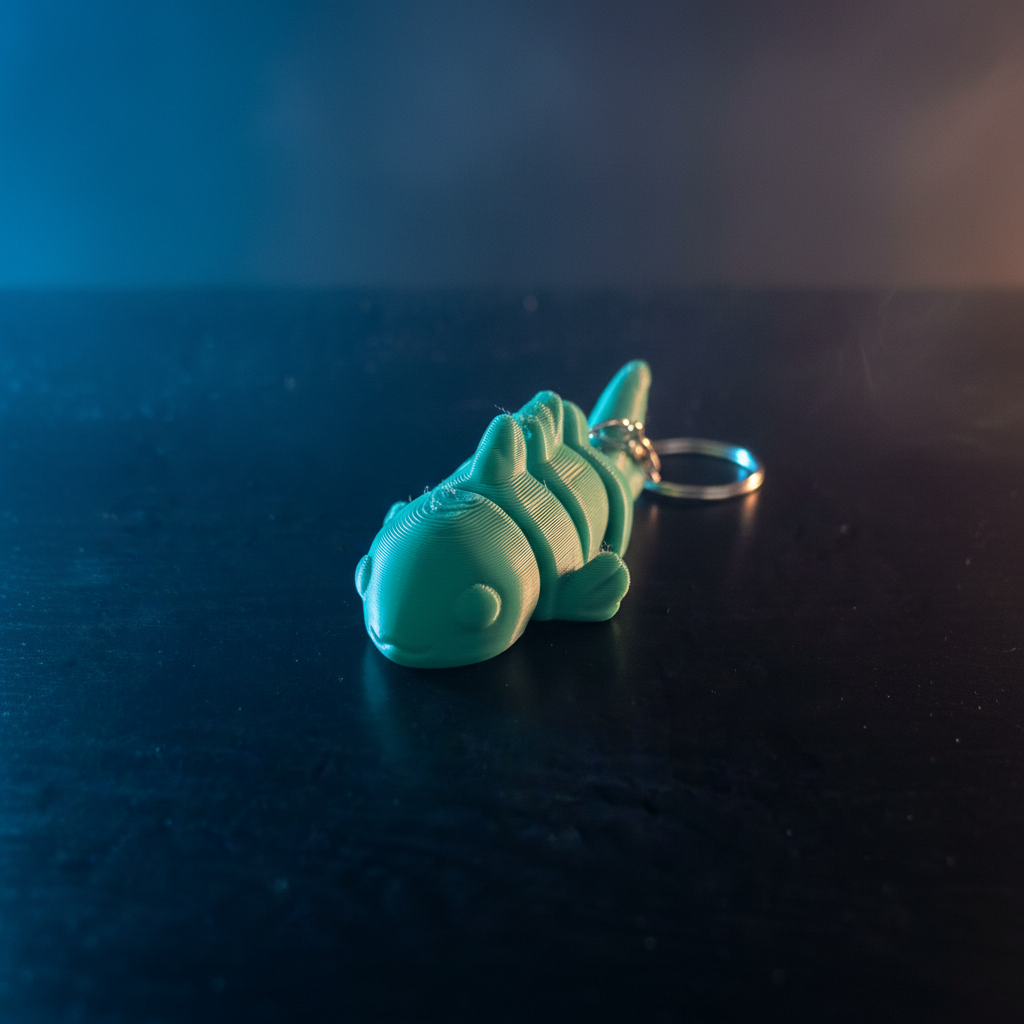 3D printed fish fidget keychain with cinematic dramatic lighting