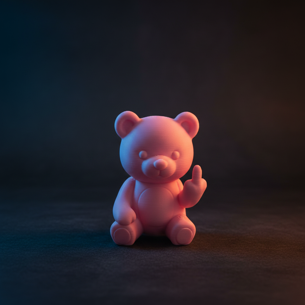 3D printed baby bear middle finger figurine with cinematic dramatic lighting