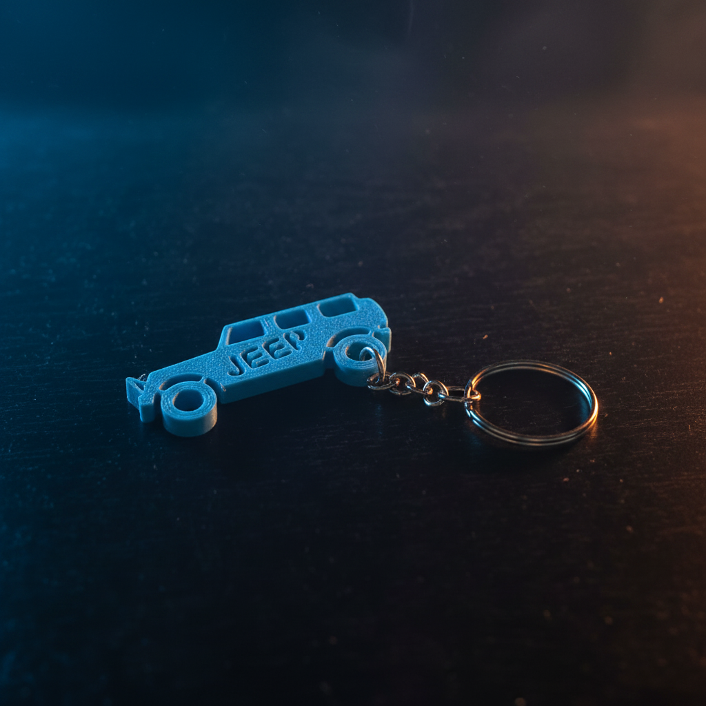 3D printed Jeep keychain with cinematic dramatic lighting