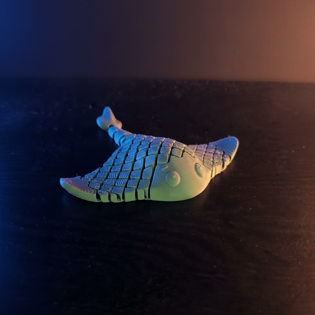 3D printed stingray fidget toy with cinematic dramatic lighting