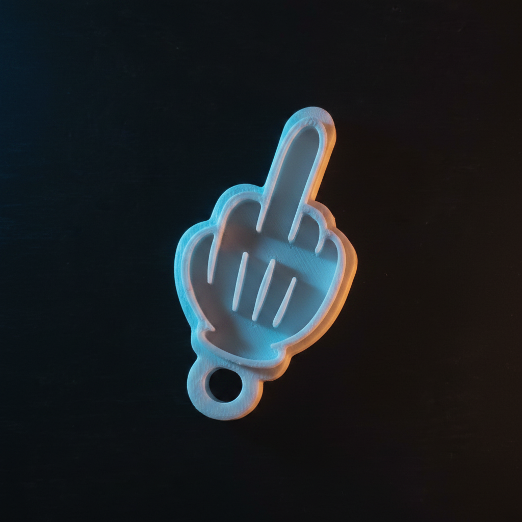 3D printed middle finger keychain with cinematic dramatic lighting