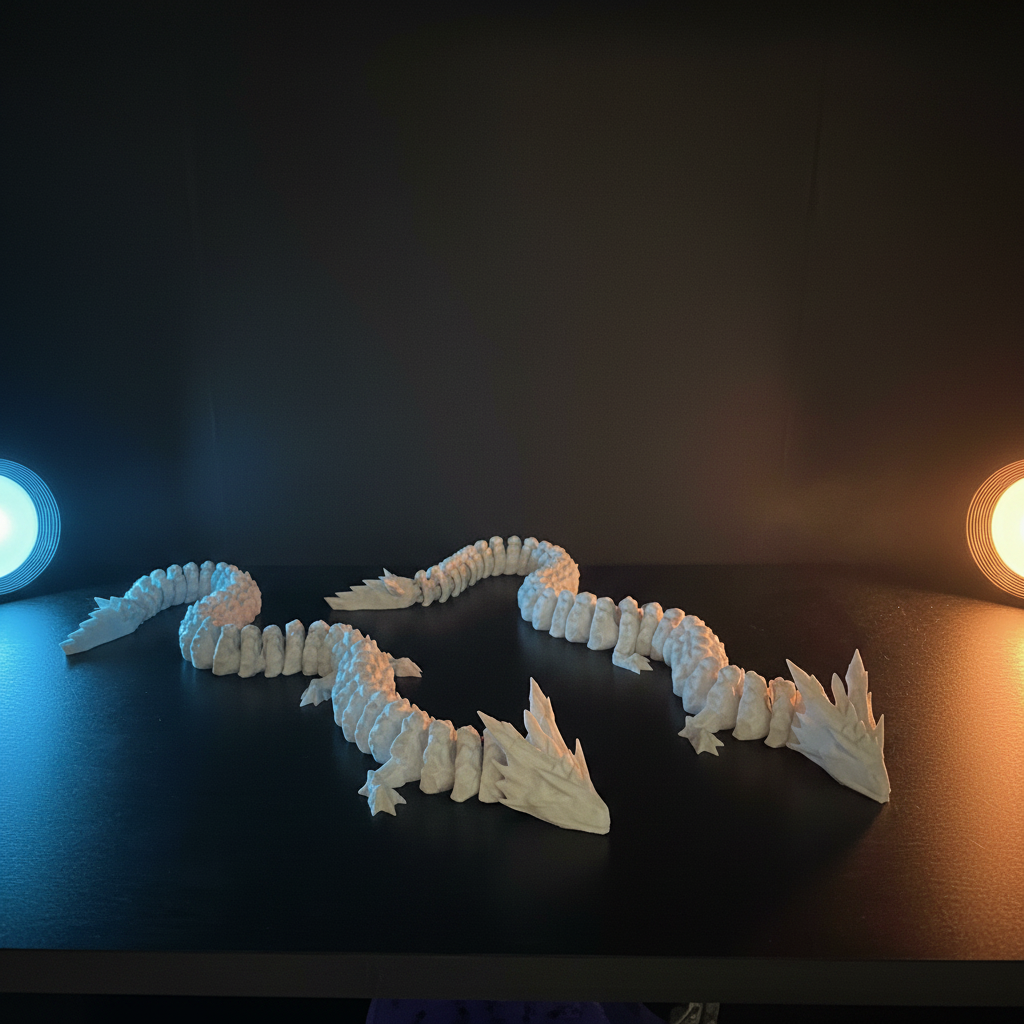 3D printed flame dragon fidget with cinematic dramatic lighting